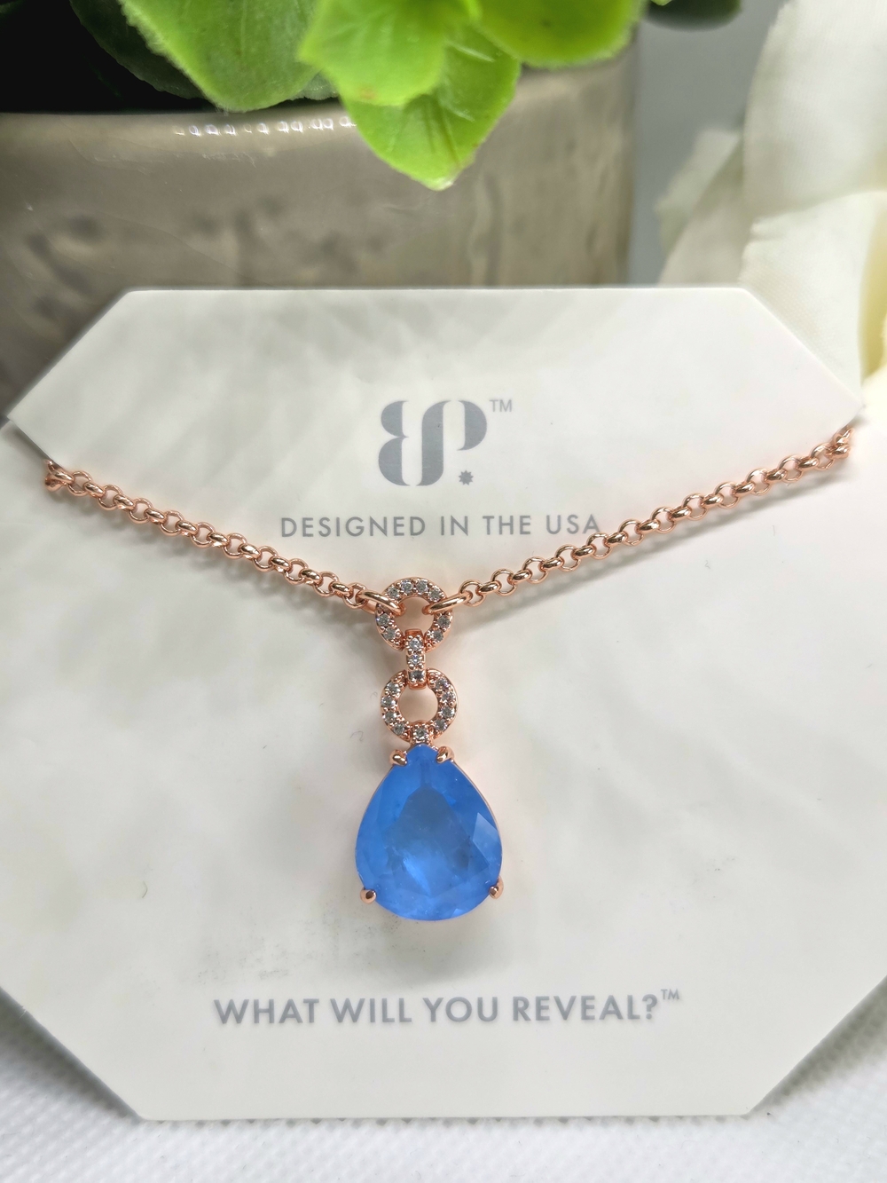 BP Rose Gold Necklace with Ocean Blue Quartz Pendant